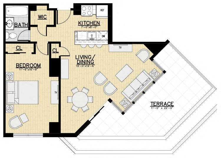 Floor plan for 1 bed, 1 bath, 755 sqft